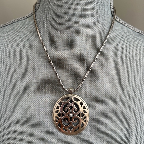 Brighton Contempo Medallion Rhinestone Charm Necklace Oval Silver Plated Scroll